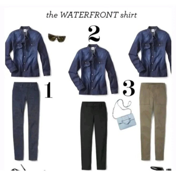 Cabi sz M Blue Waterfront Denim Button Up Shirt Bow Tie Collar Jean Chambray Top - Picture 9 of 16